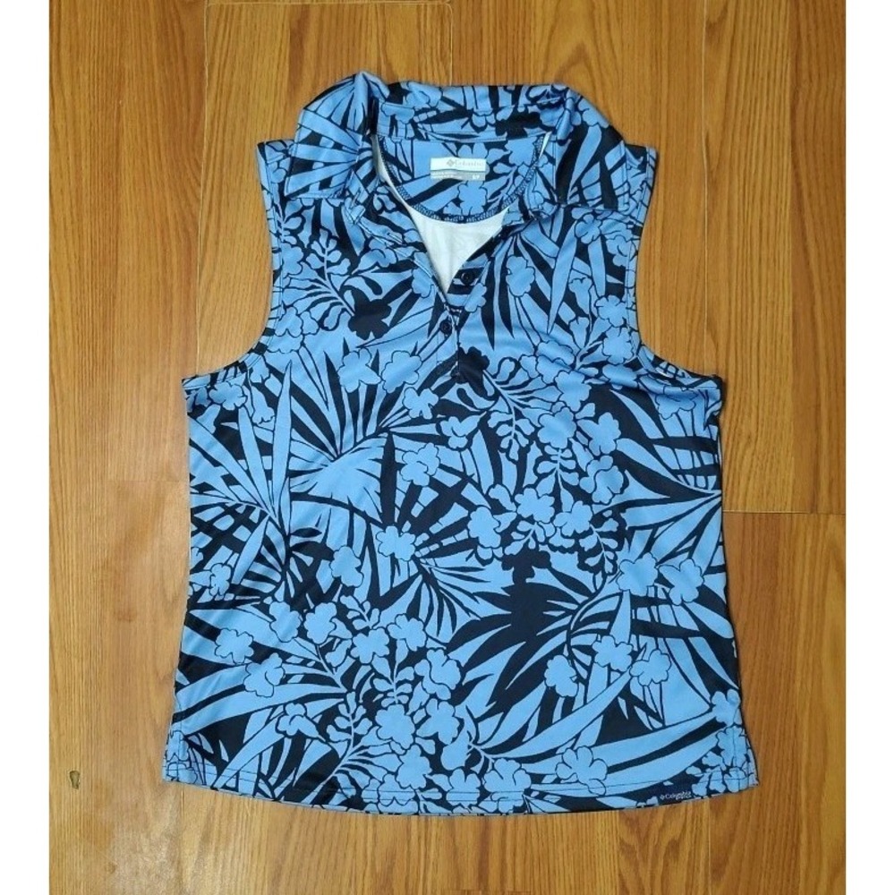 Columbia Golf Womens Sleeveless Button Up Athletic Shirt Small Blue Floral PFG